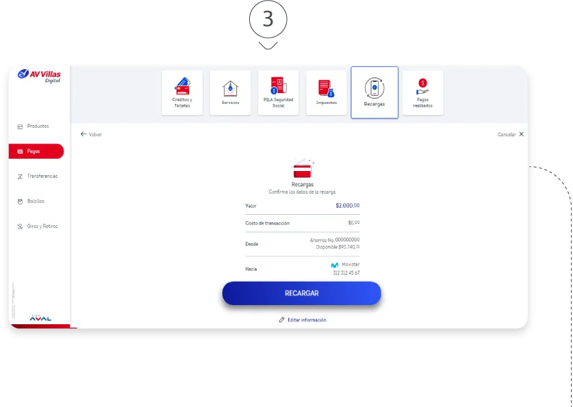 Recarga tu celular desde AV Villas paso 3